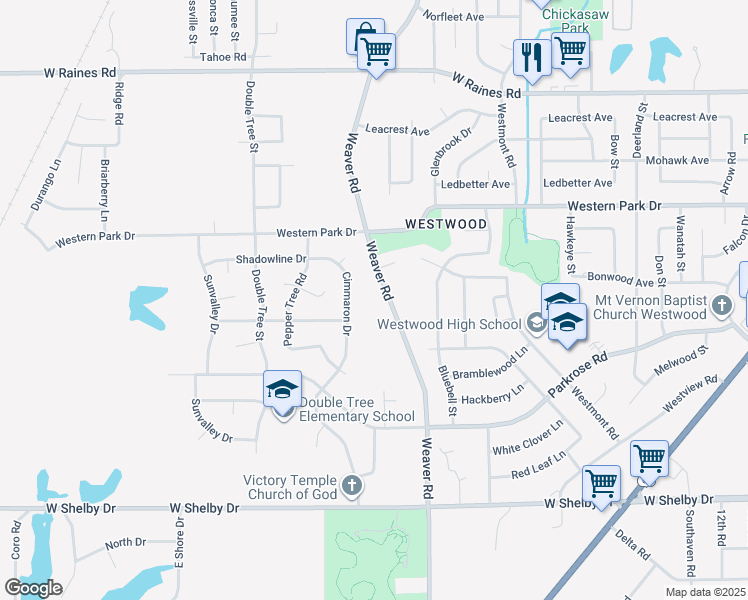 map of restaurants, bars, coffee shops, grocery stores, and more near 4399 Weaver Road in Memphis