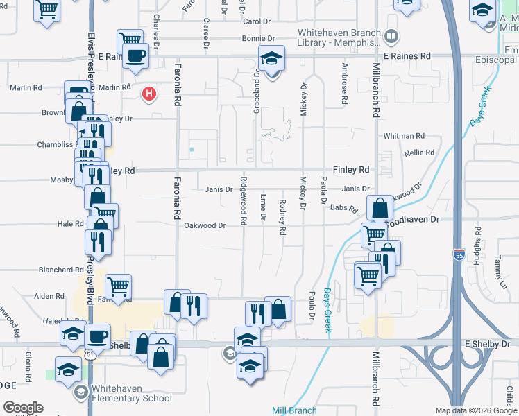 map of restaurants, bars, coffee shops, grocery stores, and more near 4425 Ernie Drive in Memphis