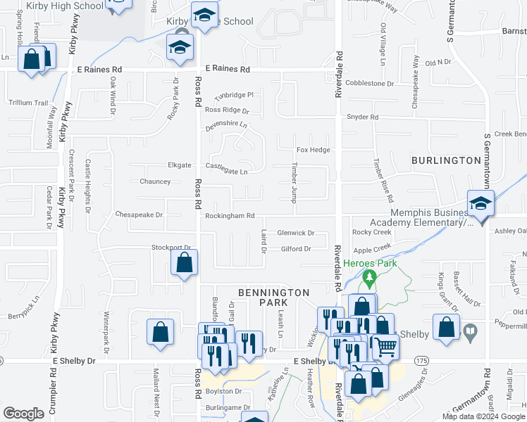 map of restaurants, bars, coffee shops, grocery stores, and more near 6820 Rockingham Road in Memphis