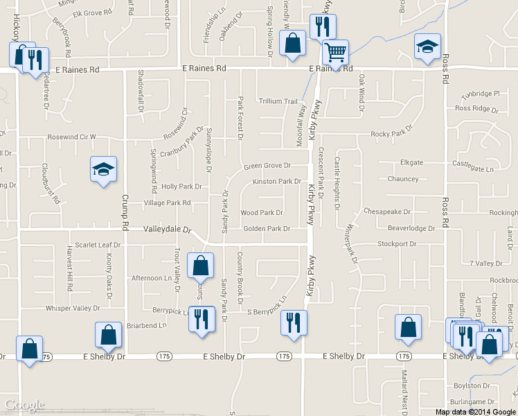 map of restaurants, bars, coffee shops, grocery stores, and more near 6356 Wood Park Drive in Memphis