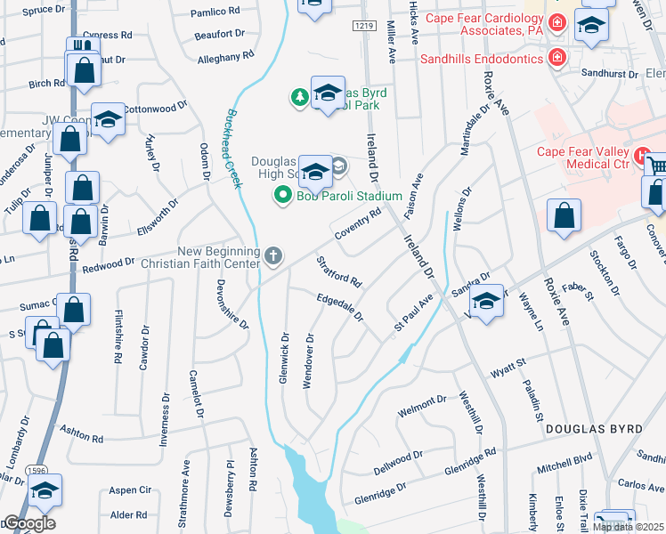 map of restaurants, bars, coffee shops, grocery stores, and more near 1715 Stratford Road in Fayetteville