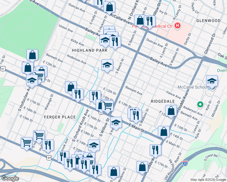 map of restaurants, bars, coffee shops, grocery stores, and more near 2011 East 12th Street in Chattanooga