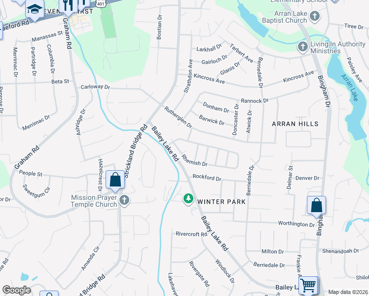 map of restaurants, bars, coffee shops, grocery stores, and more near 6548 Rhemish Drive in Fayetteville
