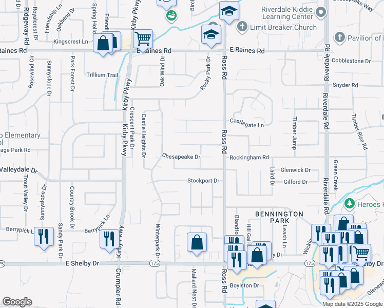 map of restaurants, bars, coffee shops, grocery stores, and more near 6618 Chesapeake Drive in Memphis
