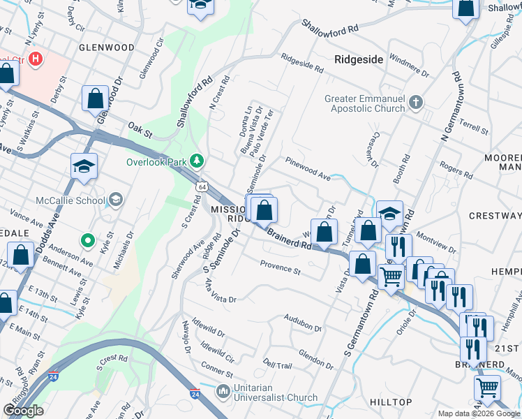 map of restaurants, bars, coffee shops, grocery stores, and more near 13 West Brow Terrace in Chattanooga