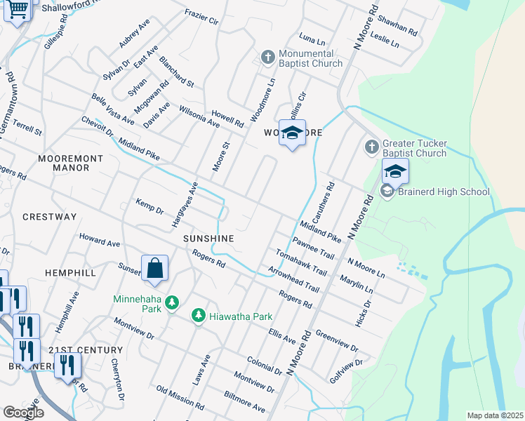 map of restaurants, bars, coffee shops, grocery stores, and more near 4598 Midland Pike in Chattanooga