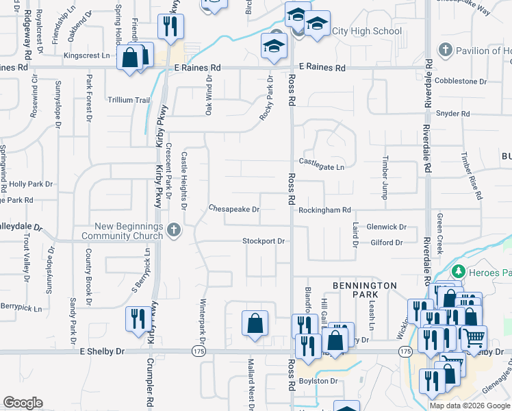 map of restaurants, bars, coffee shops, grocery stores, and more near 6624 Chesapeake Drive in Memphis