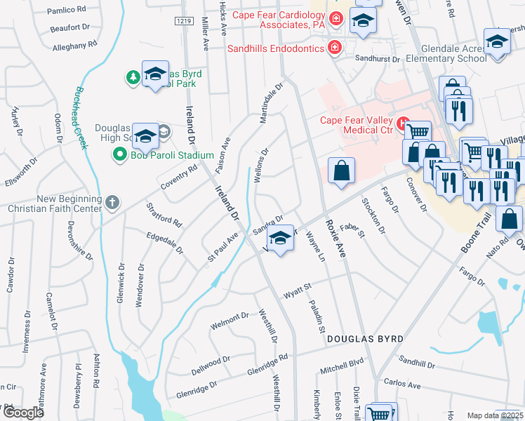 map of restaurants, bars, coffee shops, grocery stores, and more near 1741 Wellons Drive in Fayetteville