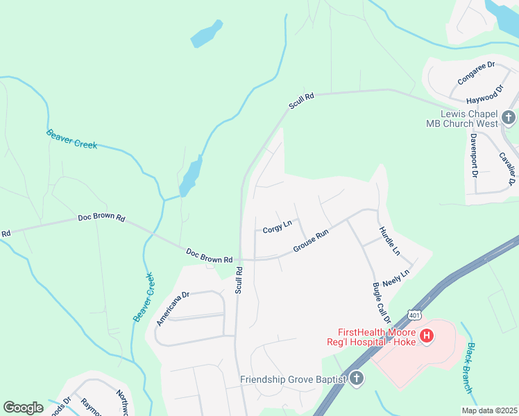 map of restaurants, bars, coffee shops, grocery stores, and more near 304 Steeplechase Lane in Raeford