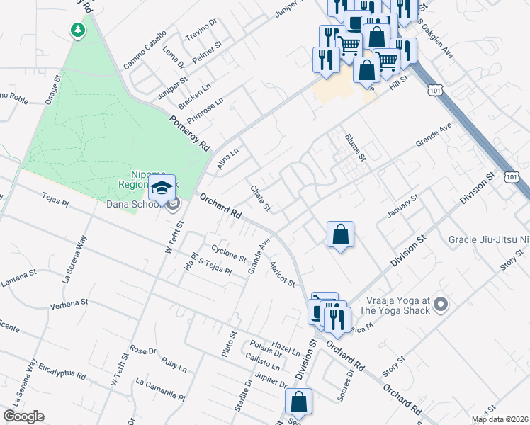 map of restaurants, bars, coffee shops, grocery stores, and more near 873 Chata Street in Nipomo