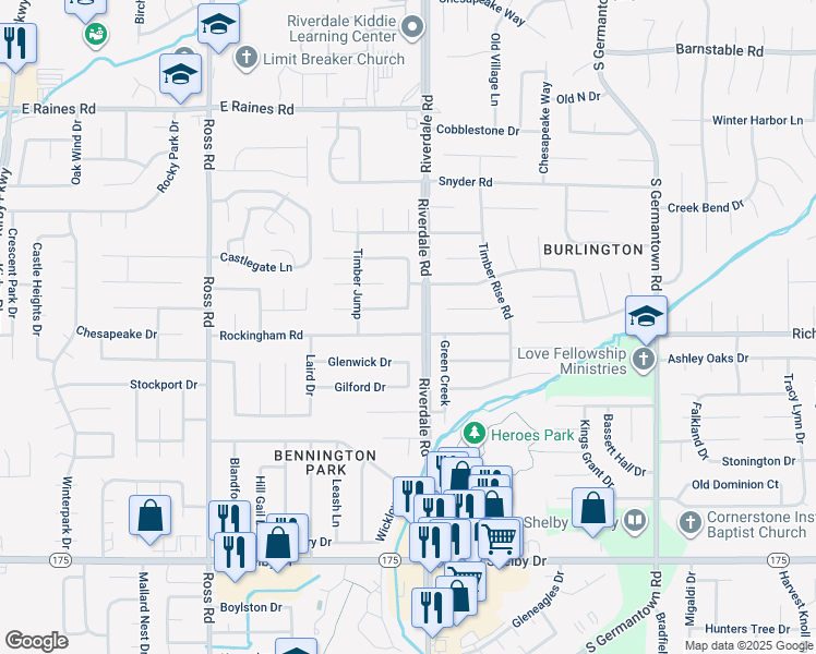map of restaurants, bars, coffee shops, grocery stores, and more near 6934 Rockingham Road in Memphis