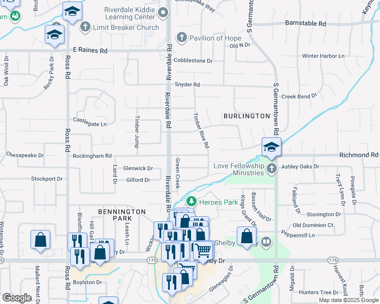 map of restaurants, bars, coffee shops, grocery stores, and more near 7008 Rockingham Road in Memphis