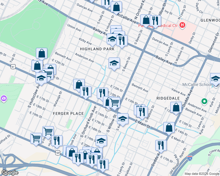 map of restaurants, bars, coffee shops, grocery stores, and more near 1908 East 12th Street in Chattanooga