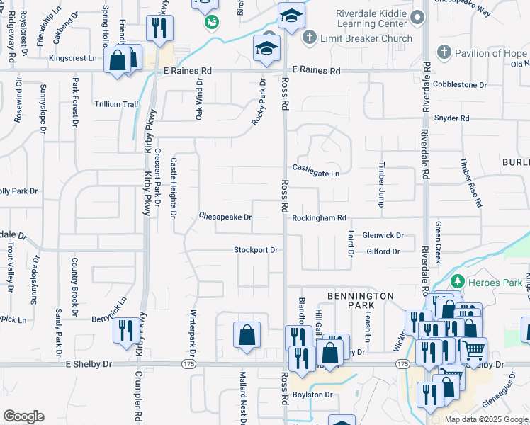 map of restaurants, bars, coffee shops, grocery stores, and more near 6664 Chesapeake Drive in Memphis