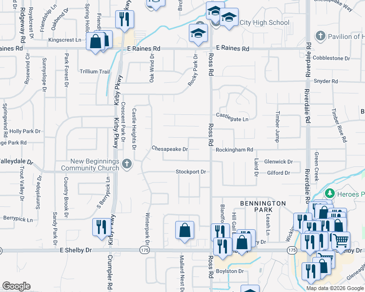 map of restaurants, bars, coffee shops, grocery stores, and more near 6624 Chesapeake Drive in Memphis