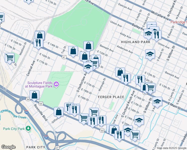 map of restaurants, bars, coffee shops, grocery stores, and more near 1510 South Greenwood Avenue in Chattanooga