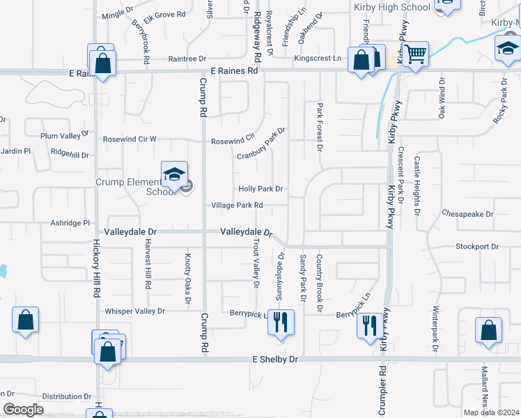 map of restaurants, bars, coffee shops, grocery stores, and more near 6215 Village Park Rd in Memphis