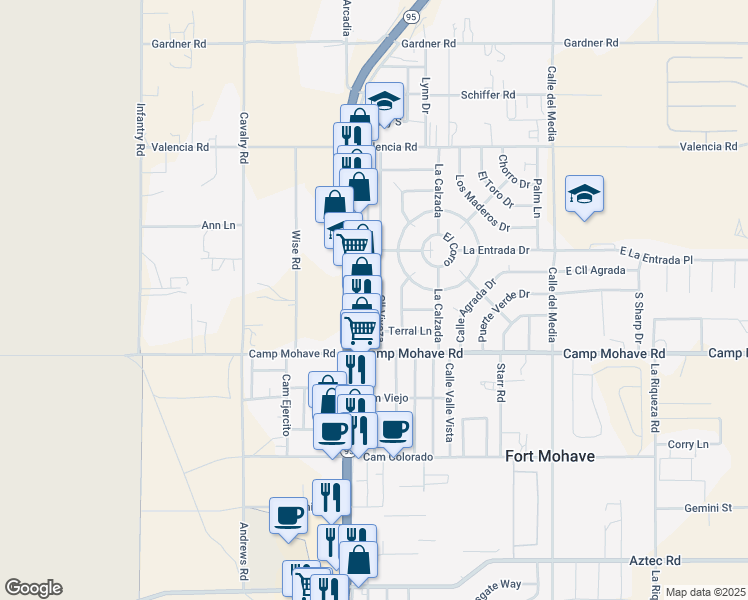 map of restaurants, bars, coffee shops, grocery stores, and more near 4435 Calle Viveza in Fort Mohave