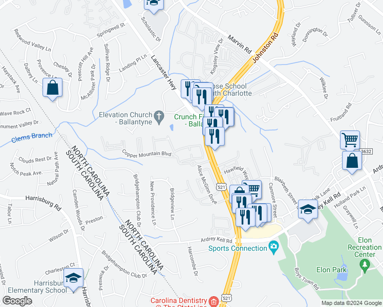 map of restaurants, bars, coffee shops, grocery stores, and more near 11755 Ridgeway Park Drive in Charlotte