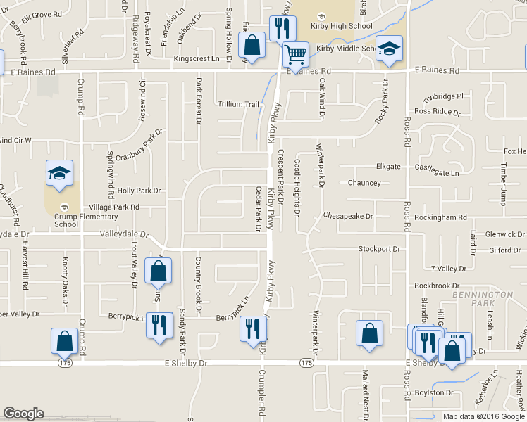 map of restaurants, bars, coffee shops, grocery stores, and more near 4418 Cedar Park Drive in Memphis
