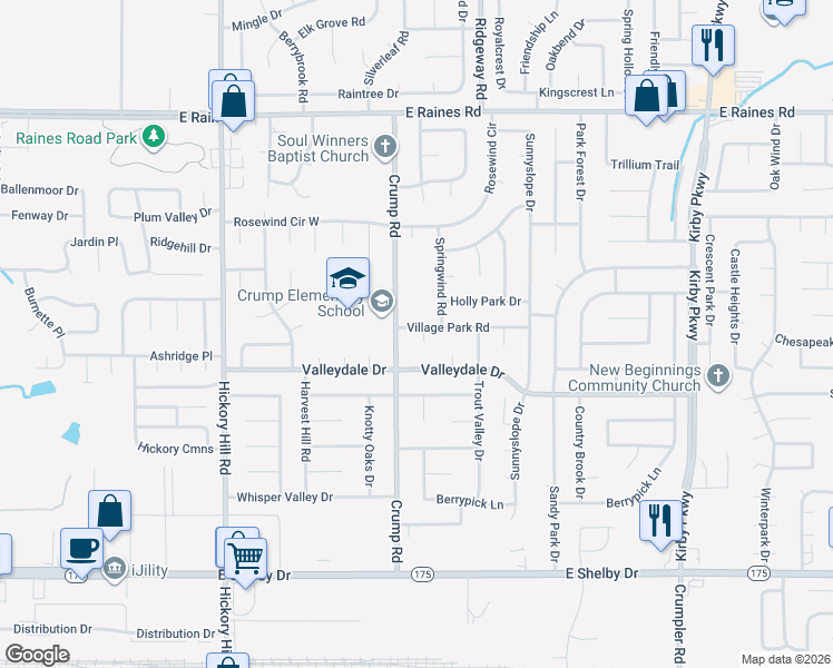 map of restaurants, bars, coffee shops, grocery stores, and more near 6131 Village Park Road in Memphis