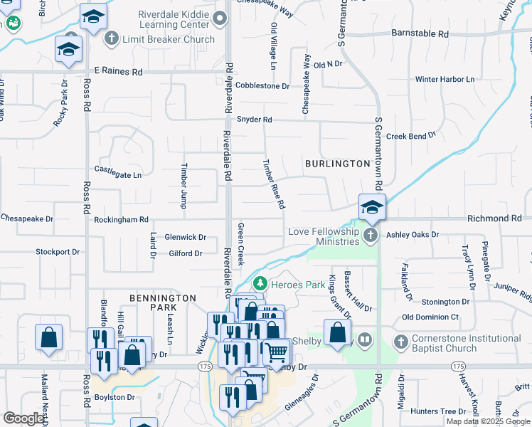 map of restaurants, bars, coffee shops, grocery stores, and more near 7024 Rockingham Road in Memphis