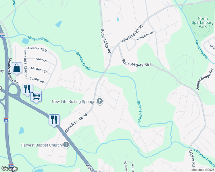 map of restaurants, bars, coffee shops, grocery stores, and more near 621 Ivywood Place in Boiling Springs