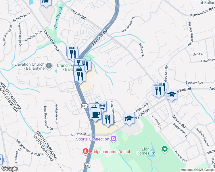 map of restaurants, bars, coffee shops, grocery stores, and more near 15314 Canmore Street in Charlotte