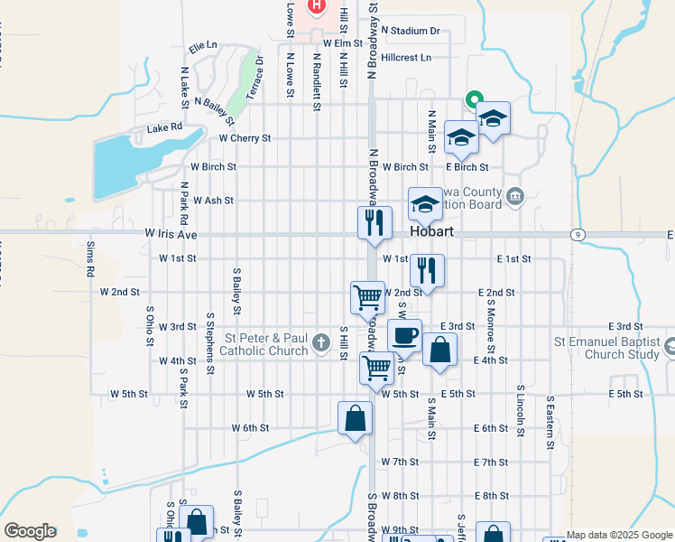 map of restaurants, bars, coffee shops, grocery stores, and more near 109 South Hill Street in Hobart