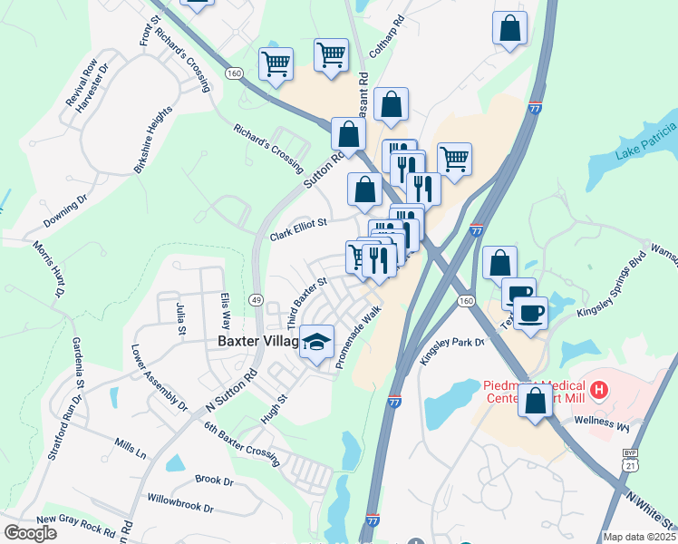 map of restaurants, bars, coffee shops, grocery stores, and more near 338 3rd Baxter Street in Fort Mill