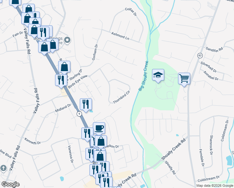map of restaurants, bars, coffee shops, grocery stores, and more near 126 Condor Place in Boiling Springs