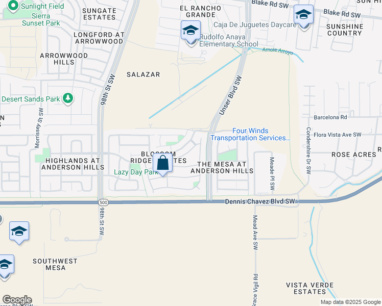 map of restaurants, bars, coffee shops, grocery stores, and more near 8908 Indigo Sky Tr Southwest in Albuquerque