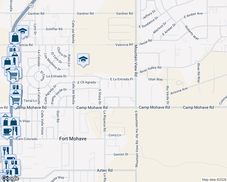 map of restaurants, bars, coffee shops, grocery stores, and more near 4435 Los Lobos Lane in Fort Mohave