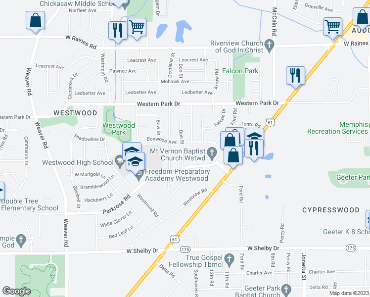 map of restaurants, bars, coffee shops, grocery stores, and more near 4416 Don Street in Memphis