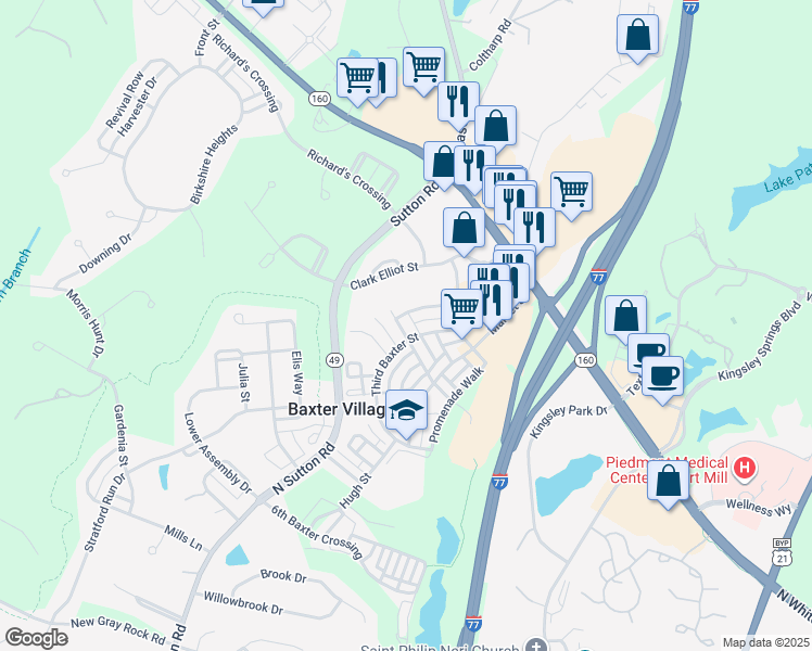 map of restaurants, bars, coffee shops, grocery stores, and more near 721 Shady Grove Crossing in Fort Mill