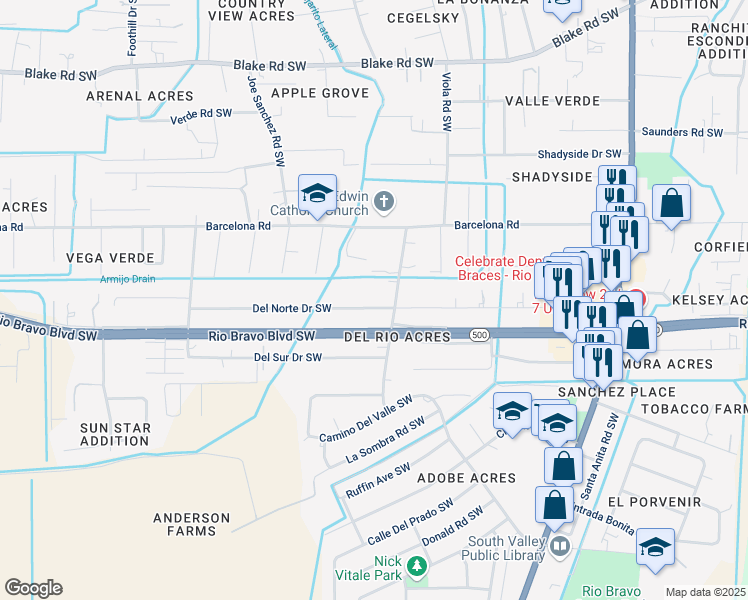map of restaurants, bars, coffee shops, grocery stores, and more near 2421 Del Norte Drive Southwest in Albuquerque