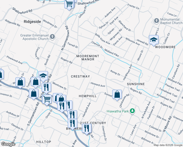 map of restaurants, bars, coffee shops, grocery stores, and more near 3922 Rogers Road in Chattanooga