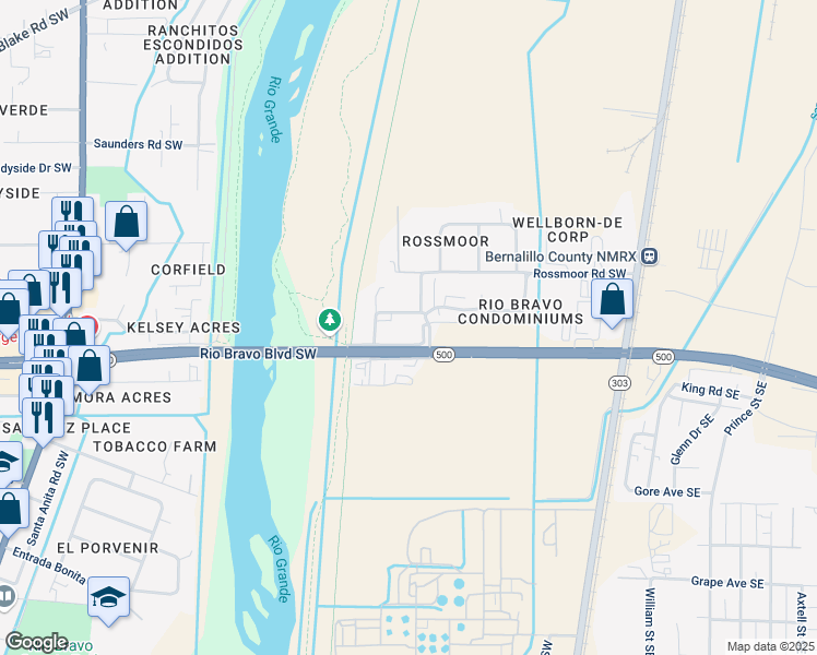 map of restaurants, bars, coffee shops, grocery stores, and more near 501 Poco Loco Drive Southwest in Albuquerque