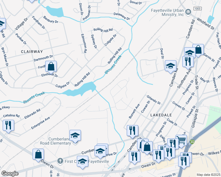 map of restaurants, bars, coffee shops, grocery stores, and more near 2149 Stonewash Drive in Fayetteville