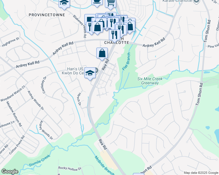 map of restaurants, bars, coffee shops, grocery stores, and more near 8601 Lenten Rose Court in Charlotte