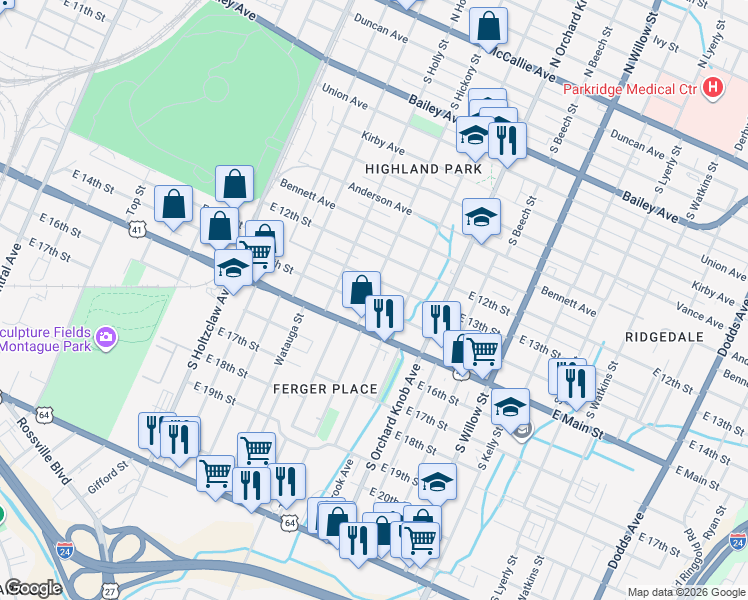 map of restaurants, bars, coffee shops, grocery stores, and more near 1617 East 14th Street in Chattanooga