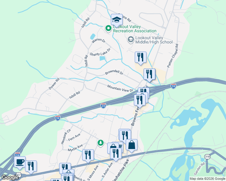 map of restaurants, bars, coffee shops, grocery stores, and more near 3314 Mountain View Drive in Chattanooga