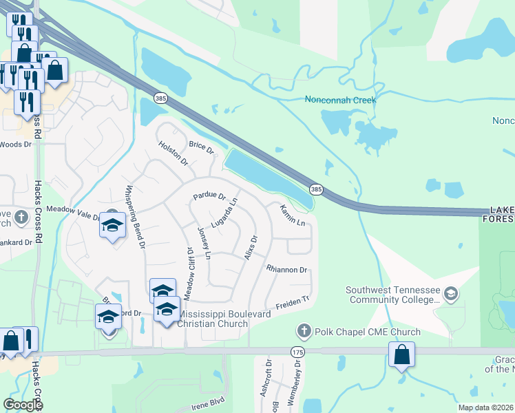 map of restaurants, bars, coffee shops, grocery stores, and more near 4424 Alixs Drive in Memphis