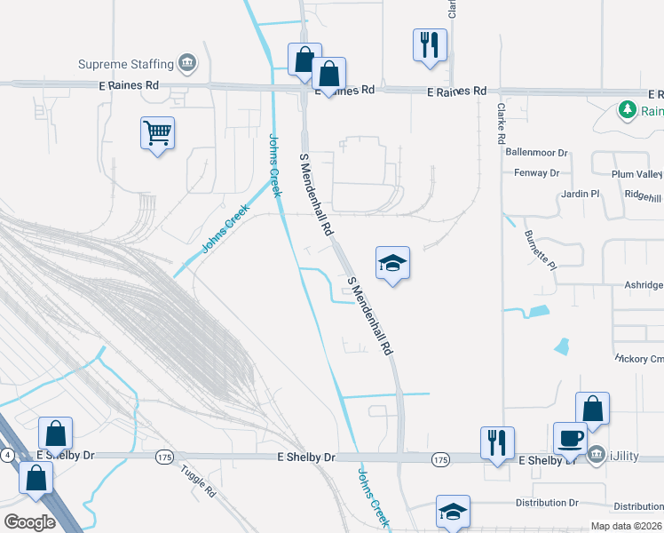 map of restaurants, bars, coffee shops, grocery stores, and more near 4425 South Mendenhall Road in Memphis