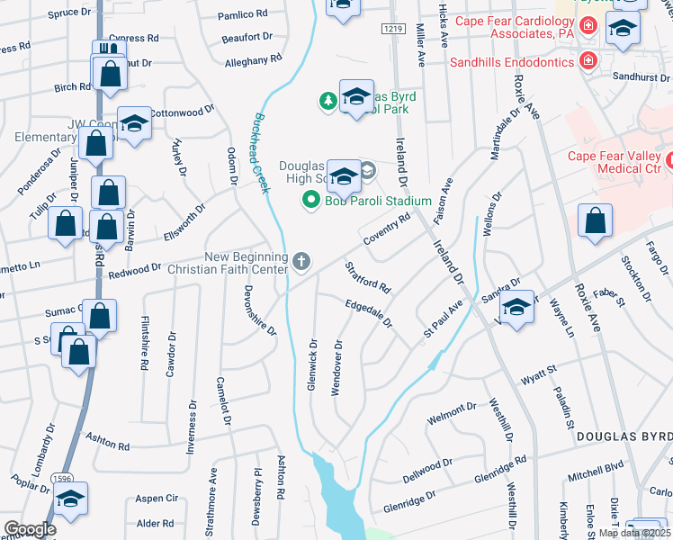 map of restaurants, bars, coffee shops, grocery stores, and more near 4307 Coventry Road in Fayetteville