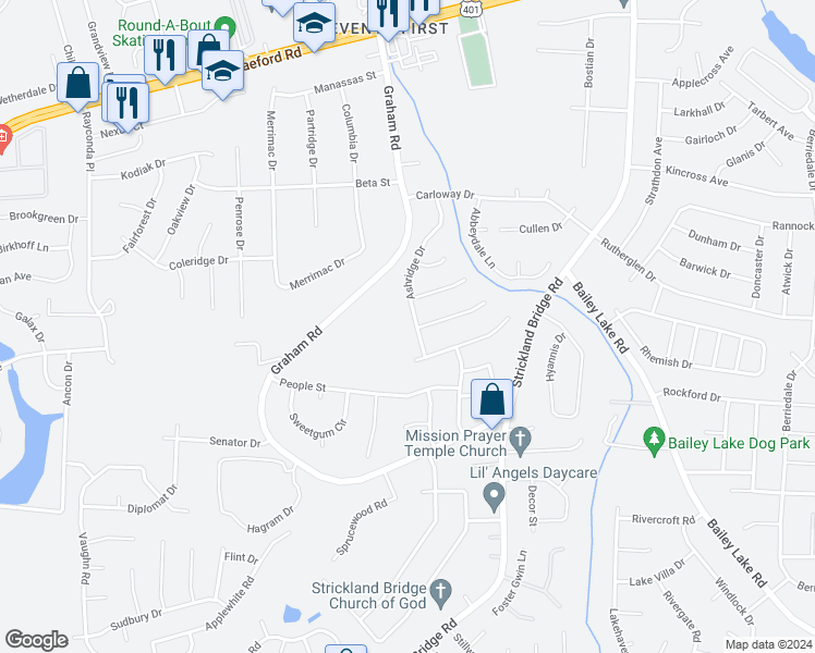 map of restaurants, bars, coffee shops, grocery stores, and more near 2036 Ashridge Drive in Fayetteville