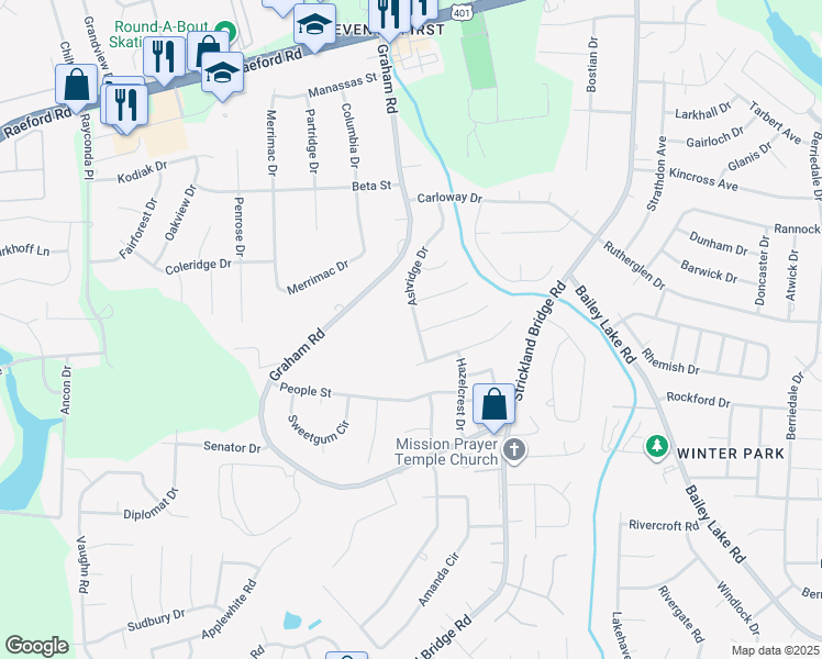 map of restaurants, bars, coffee shops, grocery stores, and more near 2036 Ashridge Drive in Fayetteville