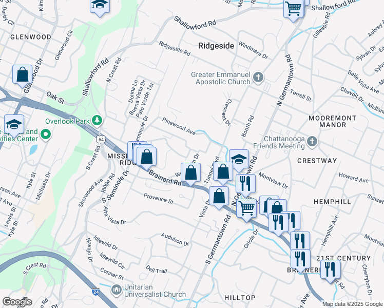 map of restaurants, bars, coffee shops, grocery stores, and more near 113 Woodlawn Drive in Chattanooga