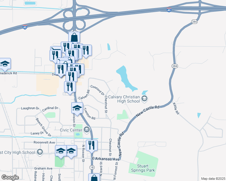 map of restaurants, bars, coffee shops, grocery stores, and more near 713 Calvert Road in Forrest City