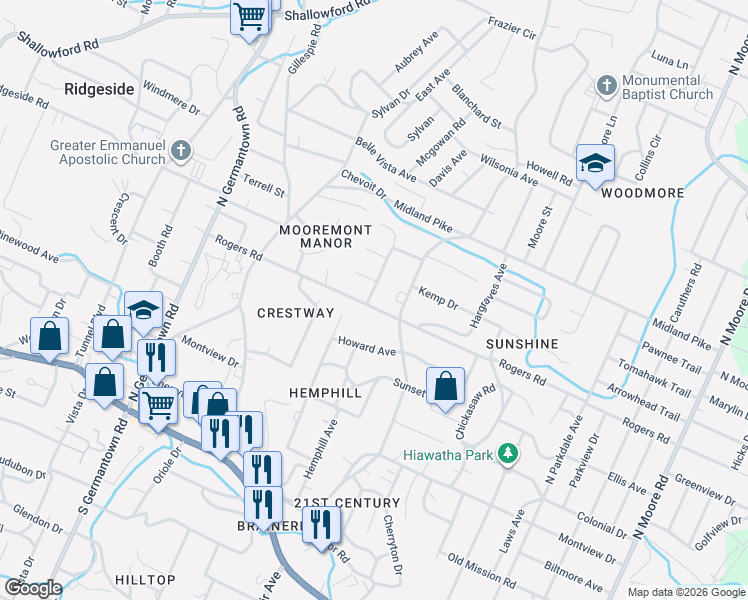 map of restaurants, bars, coffee shops, grocery stores, and more near 4001 Rogers Road in Chattanooga